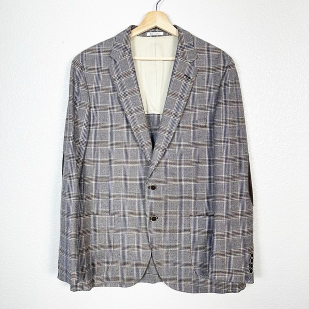 Peter Millar Size L Windowpane Plaid Unstructured‎ Sport Coat Blazer Elbow Patch